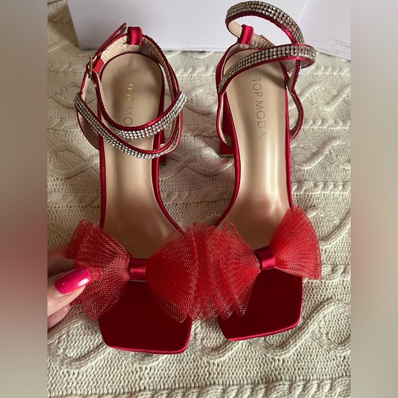 NEW! Top Moda Red Agatha Bow Style Rhinestone Ankle Strap Women’s 6.5 - Picture 7 of 16